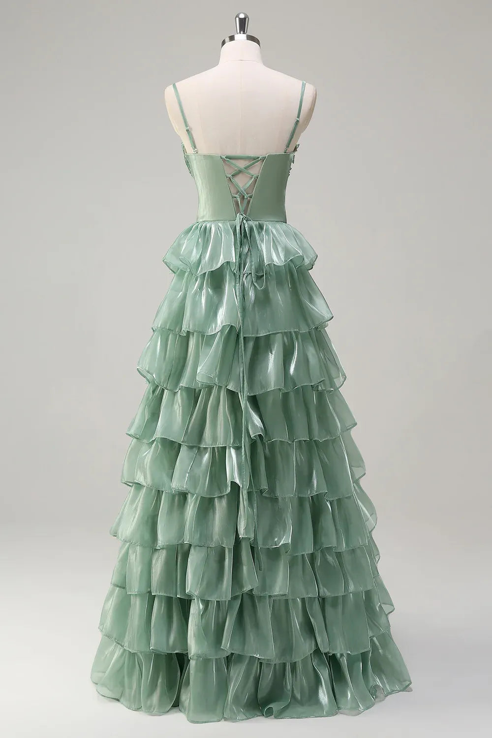 Elegant A-Line Spaghetti Strap Tiered Ruffle Dusty Sage Maxi Prom Dress With Slit