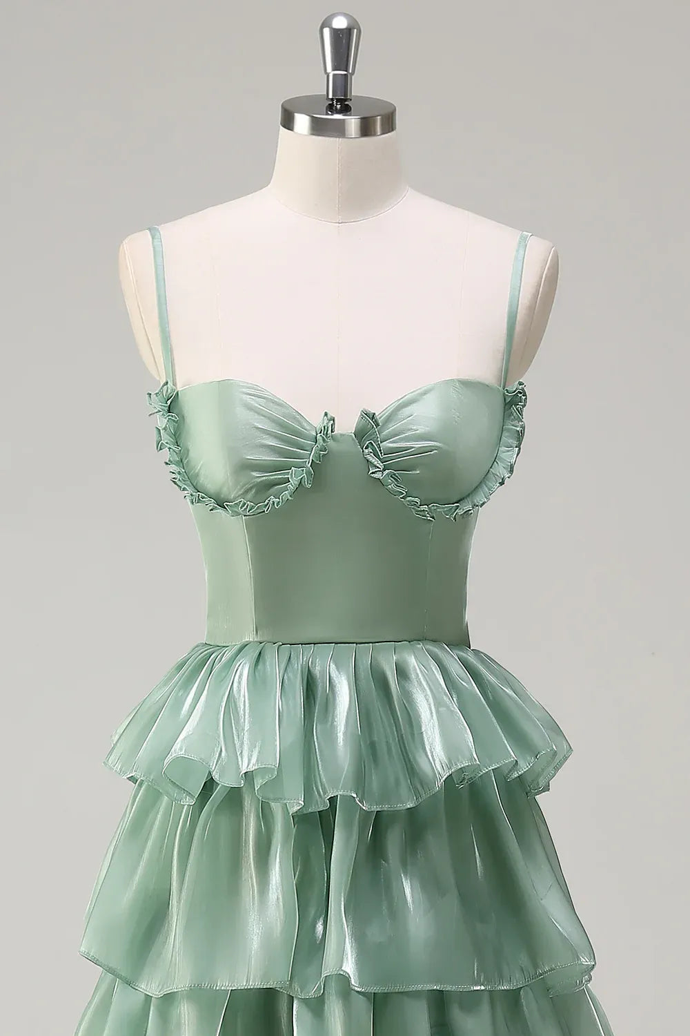 Elegant A-Line Spaghetti Strap Tiered Ruffle Dusty Sage Maxi Prom Dress With Slit