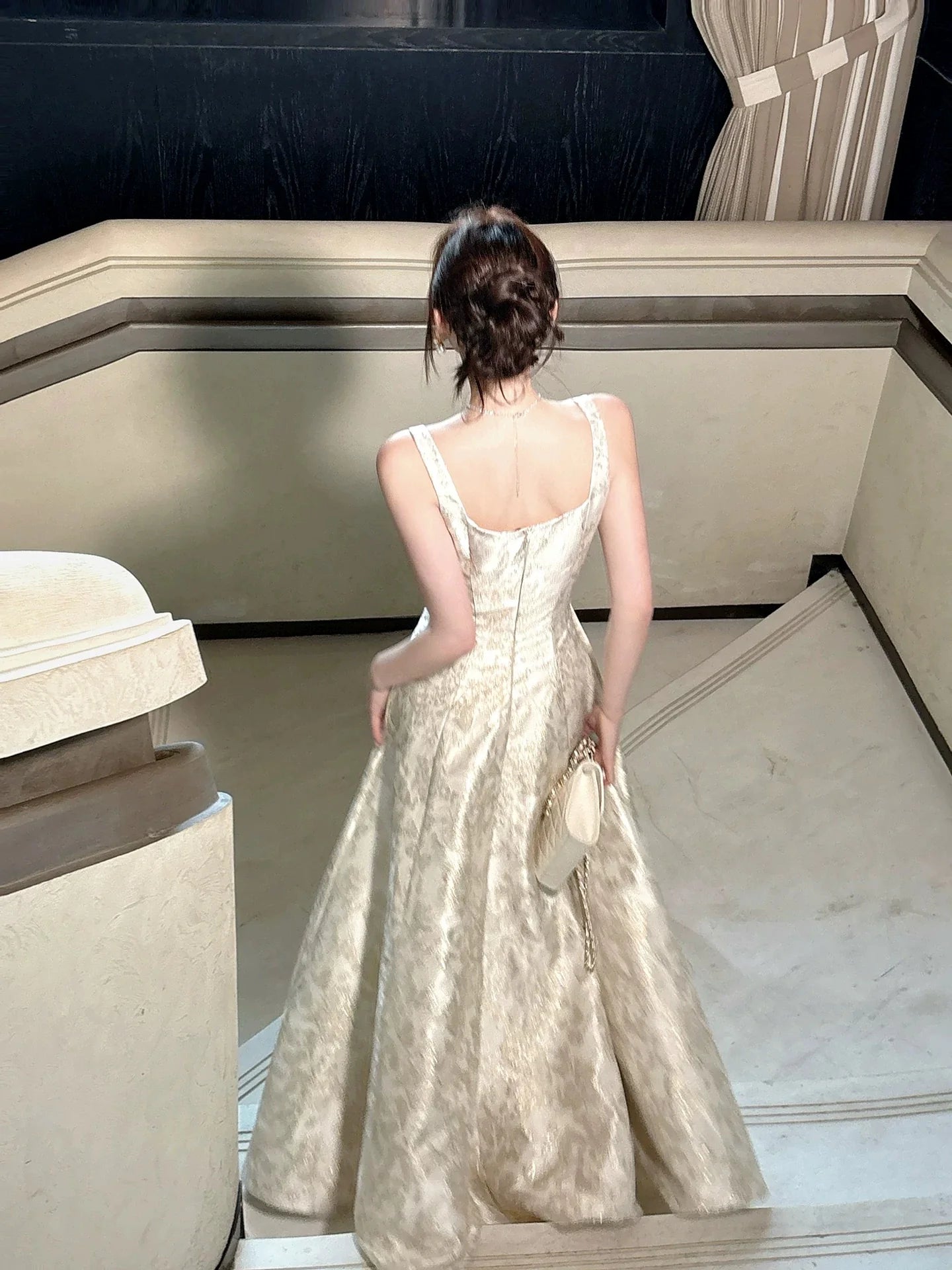 Elegant A-Line Square Neck Jacquard Ivory Maxi Prom Dress