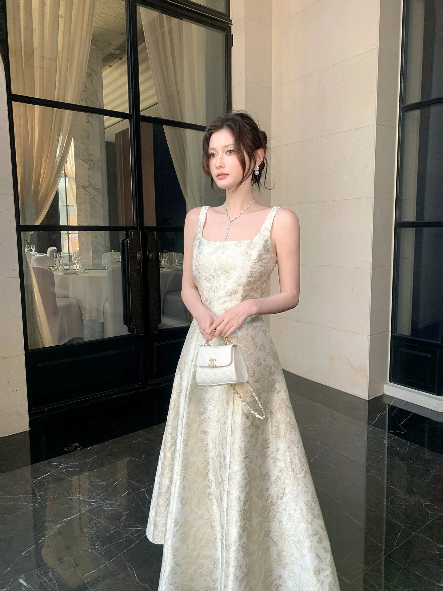 Elegant A-Line Square Neck Jacquard Ivory Maxi Prom Dress