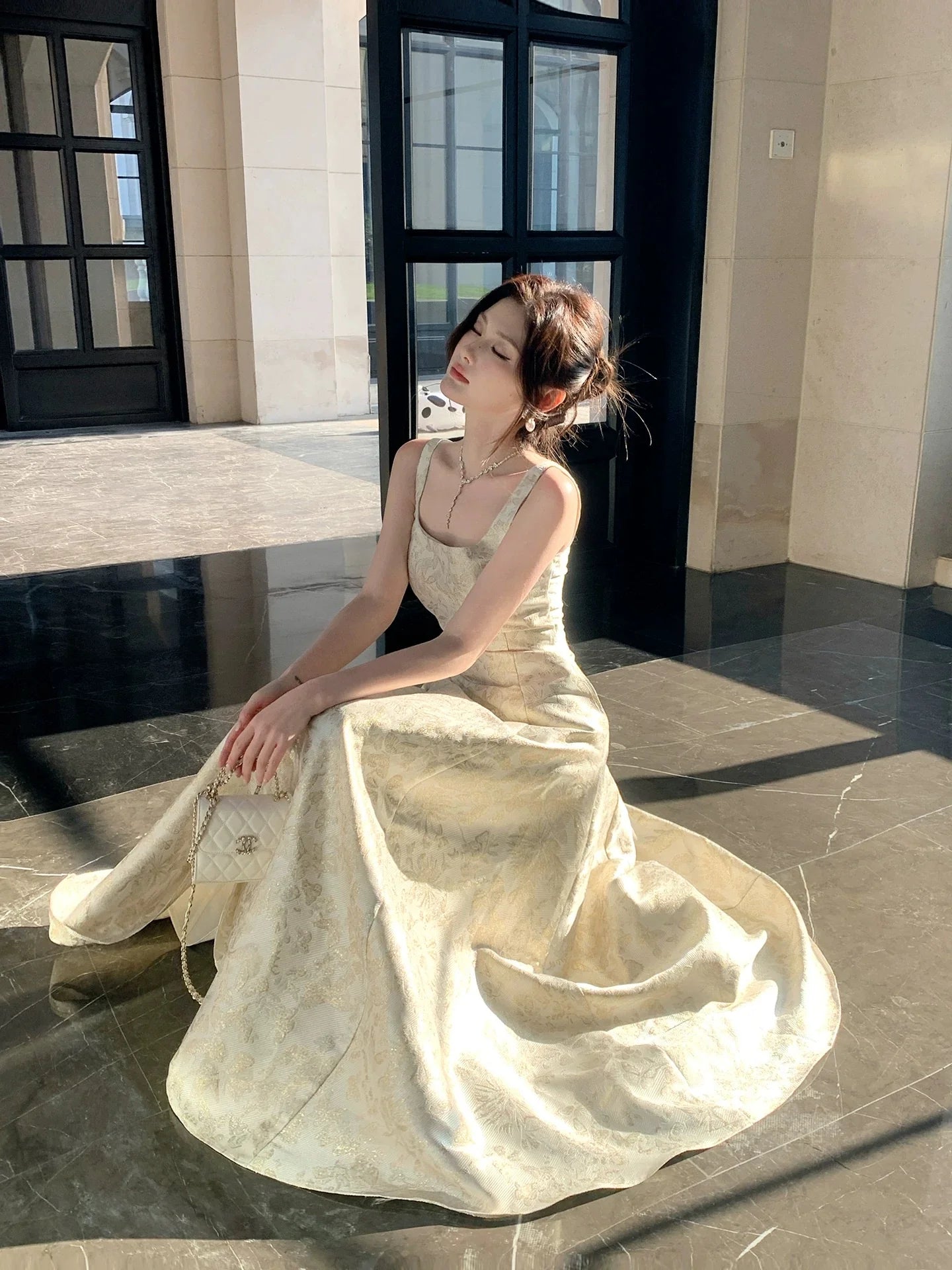 Elegant A-Line Square Neck Jacquard Ivory Maxi Prom Dress