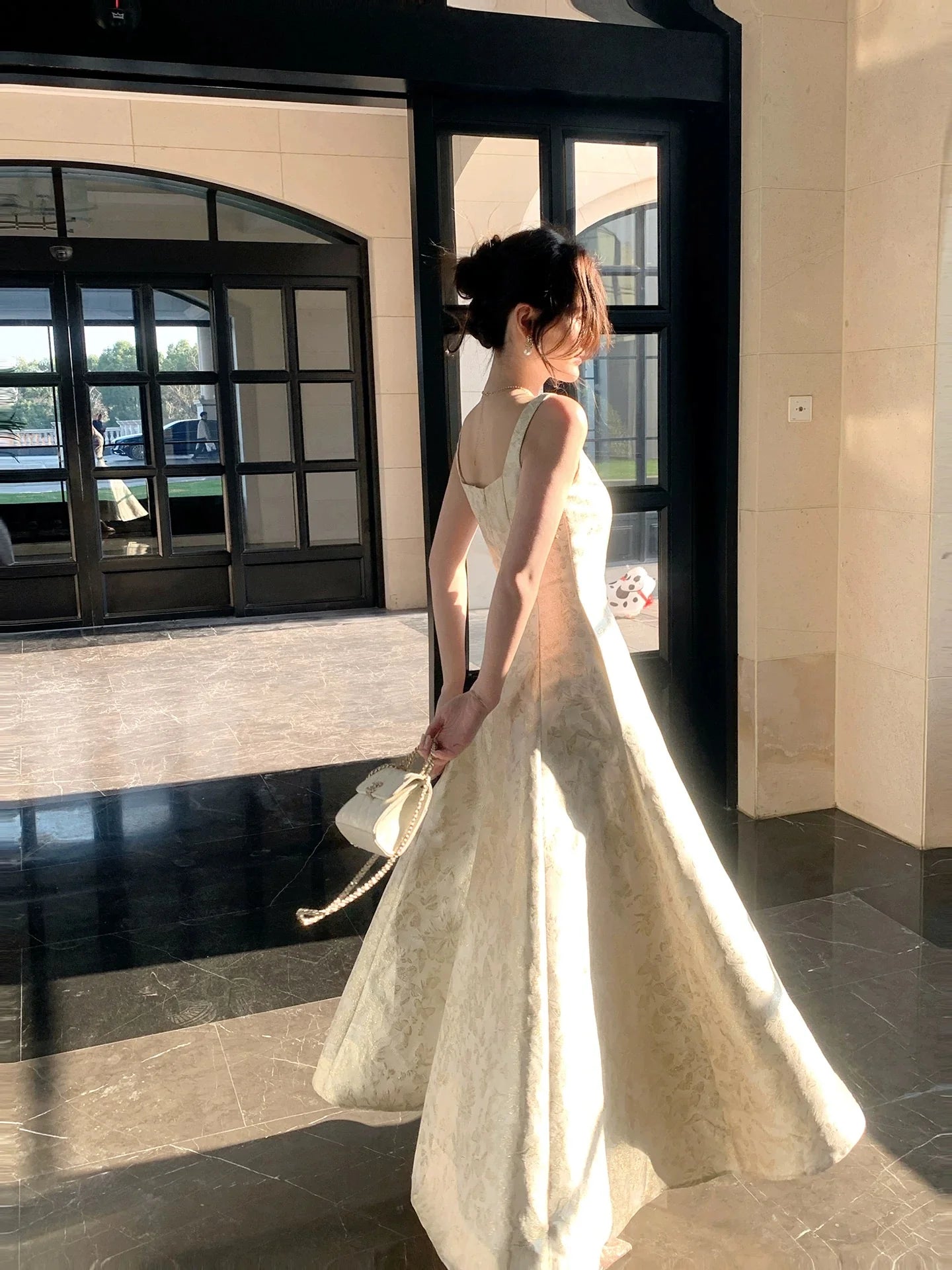 Elegant A-Line Square Neck Jacquard Ivory Maxi Prom Dress