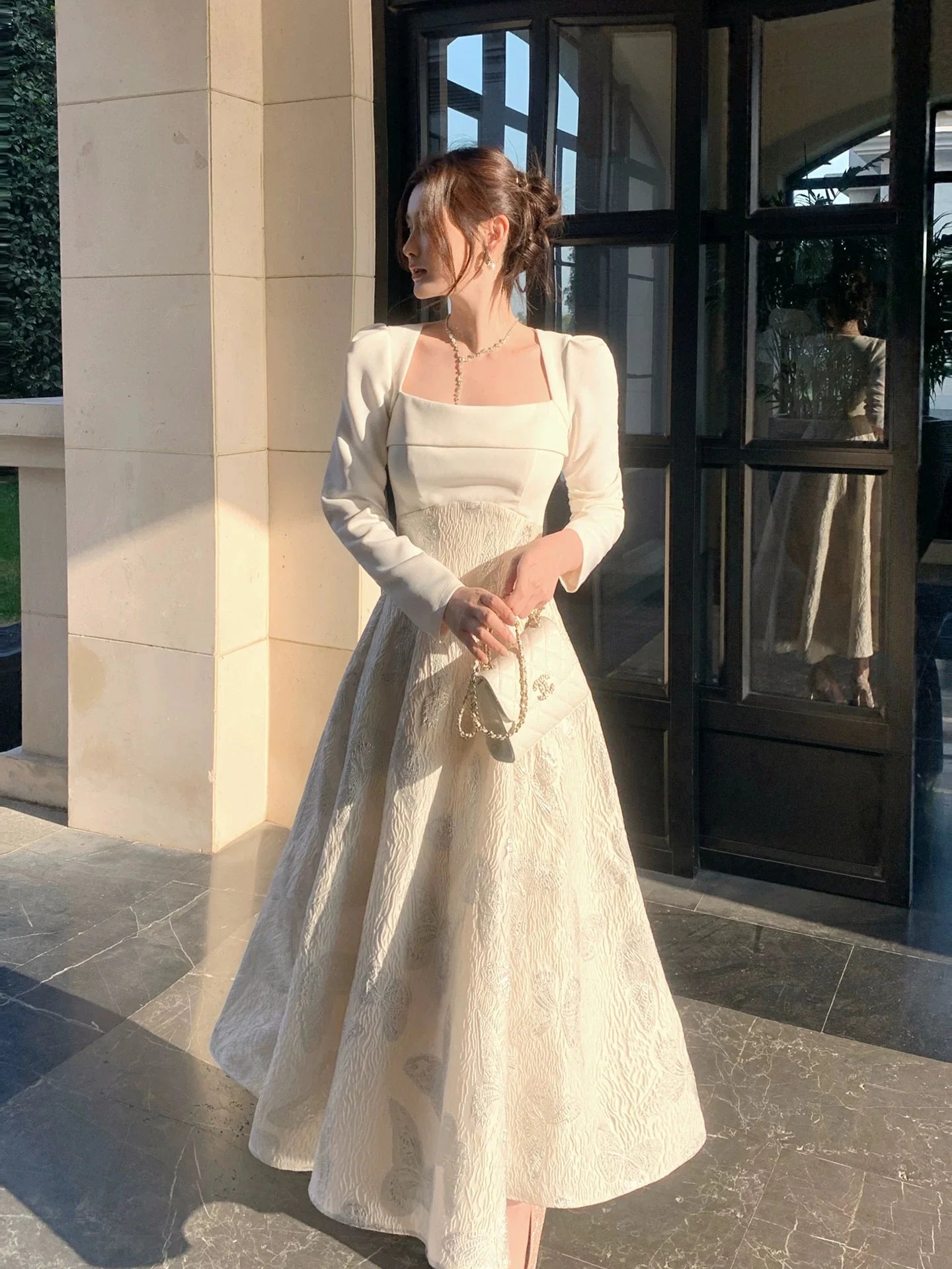 Elegant A-Line Square Neck Long Sleeve Butterfly Ivory Maxi Prom Dress