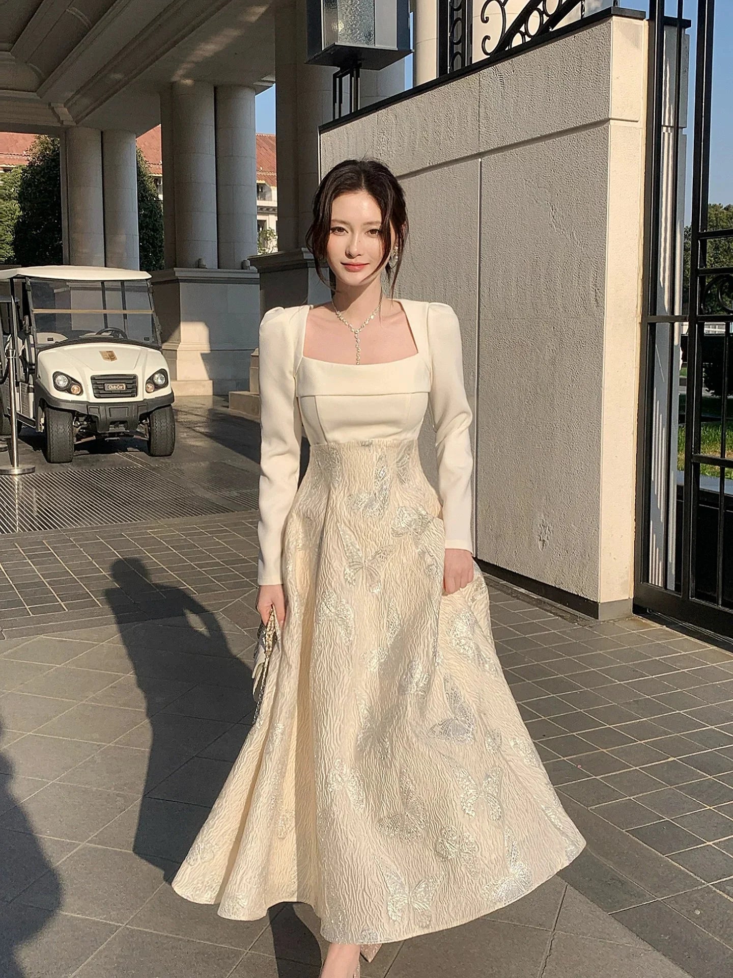 Elegant A-Line Square Neck Long Sleeve Butterfly Ivory Maxi Prom Dress