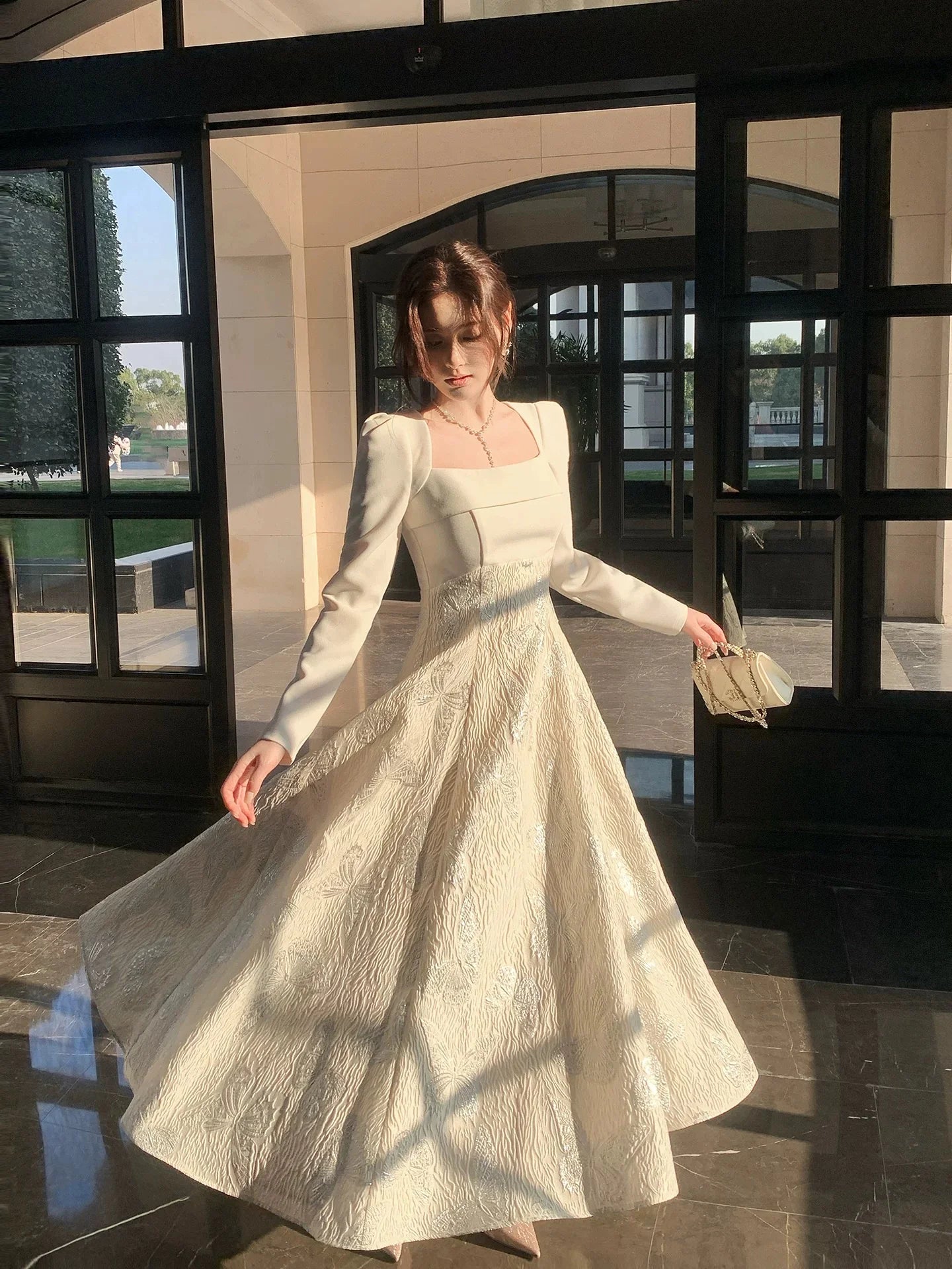 Elegant A-Line Square Neck Long Sleeve Butterfly Ivory Maxi Prom Dress