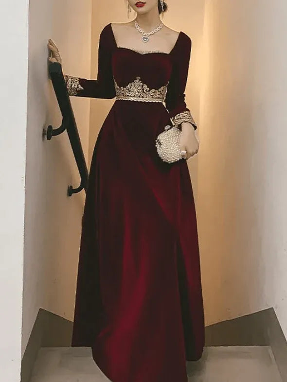 Elegant A-Line Square Neck Long Sleeve Lace Waist Burgundy Floor-Length Prom Dress