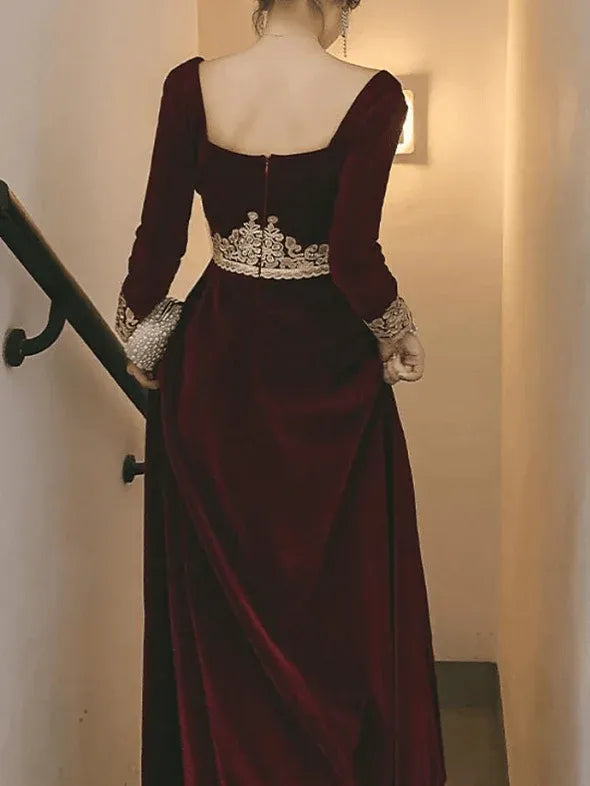 Elegant A-Line Square Neck Long Sleeve Lace Waist Burgundy Floor-Length Prom Dress