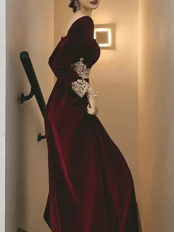 Elegant A-Line Square Neck Long Sleeve Lace Waist Burgundy Floor-Length Prom Dress