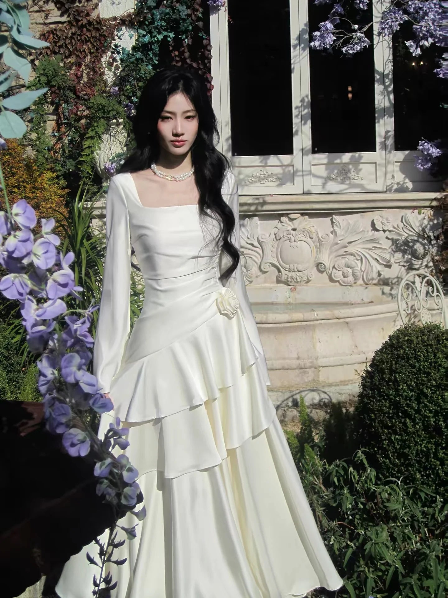 Elegant A-Line Square Neck Long Sleeve Ruffled Ivory Maxi Prom Dress
