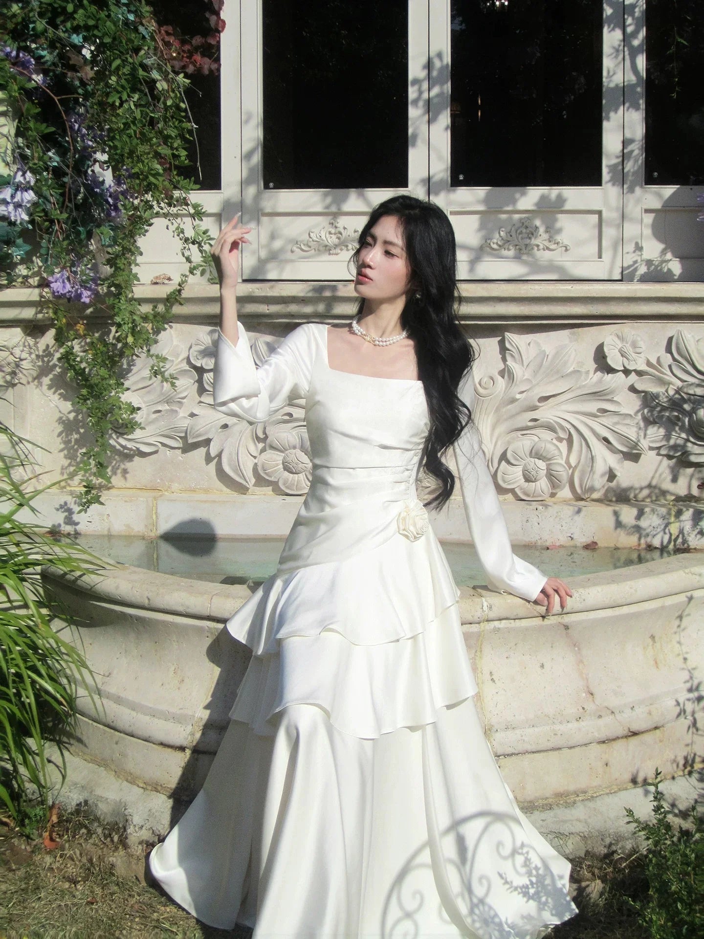 Elegant A-Line Square Neck Long Sleeve Ruffled Ivory Maxi Prom Dress