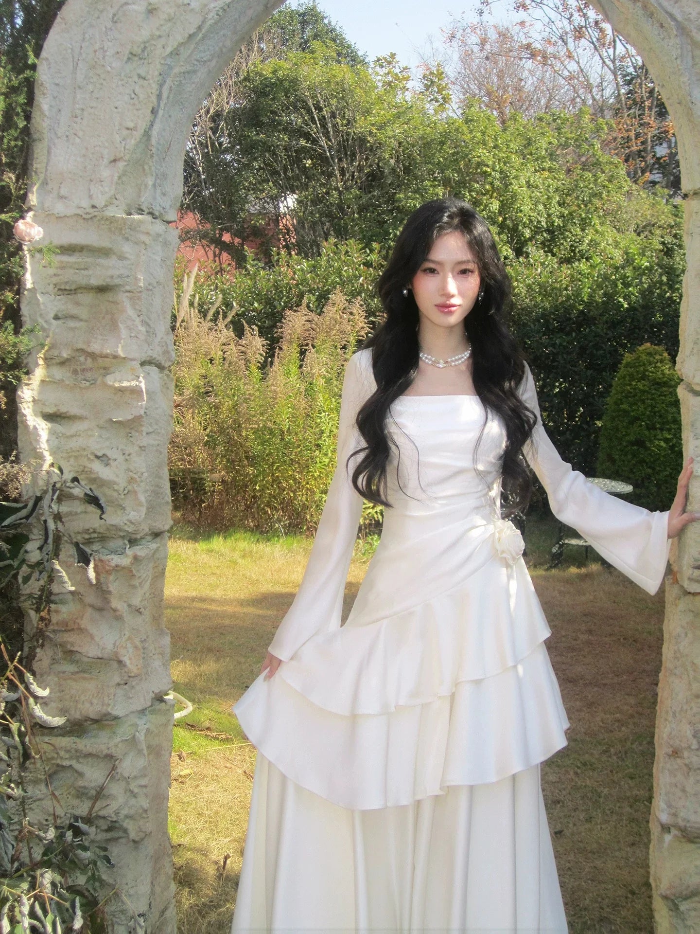 Elegant A-Line Square Neck Long Sleeve Ruffled Ivory Maxi Prom Dress