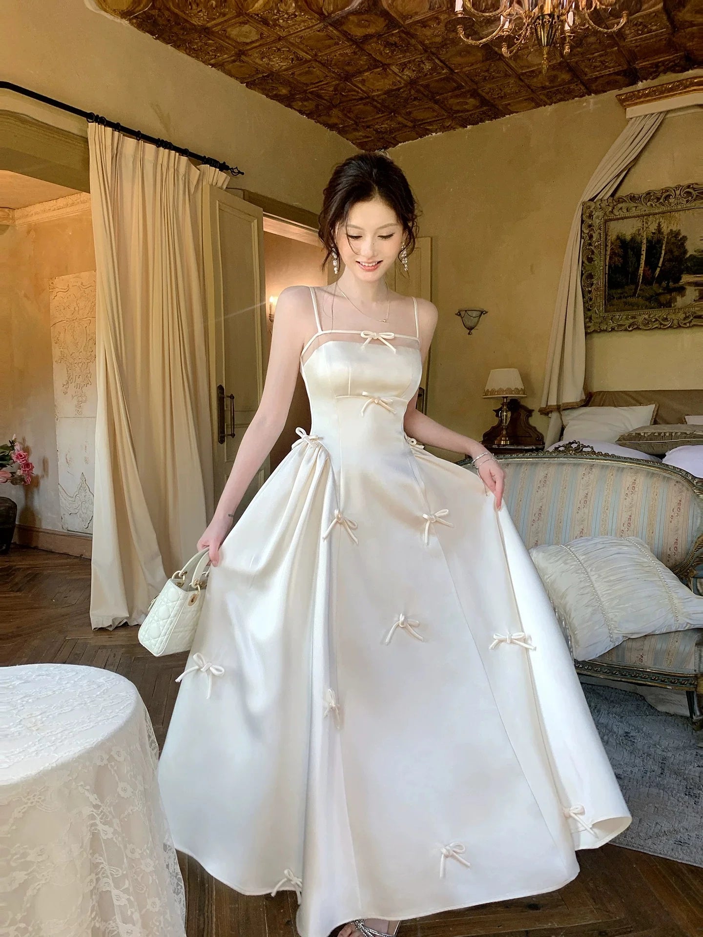 Elegant A-Line Square Neck Sleeveless Bow Ivory Maxi Prom Dress