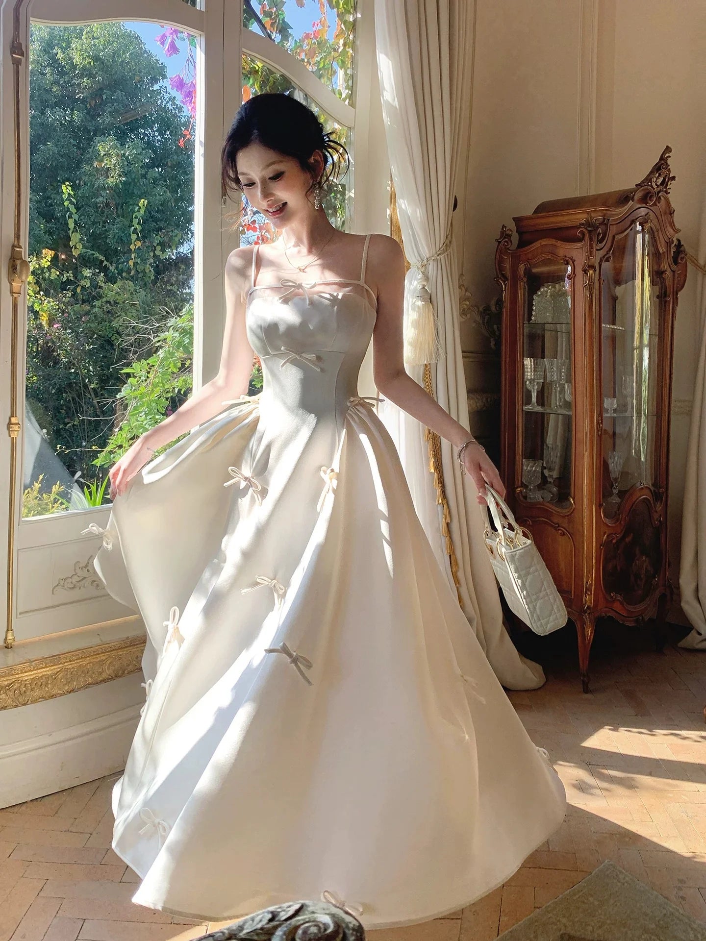 Elegant A-Line Square Neck Sleeveless Bow Ivory Maxi Prom Dress