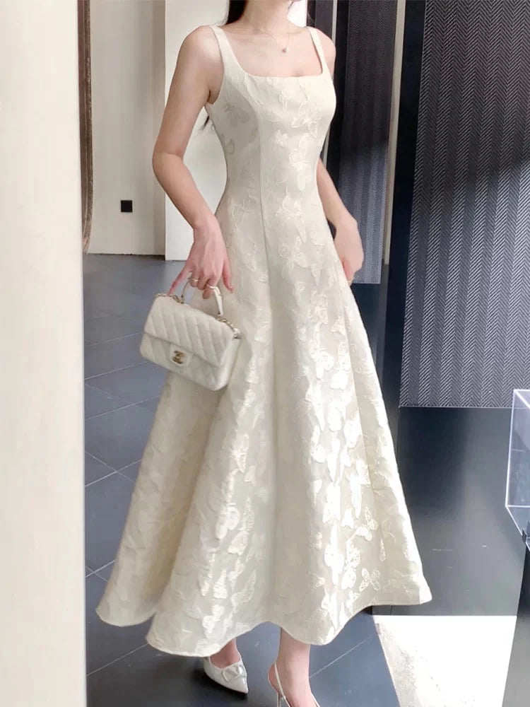 Elegant A-Line Square Neck Sleeveless Embroidered Ivory Maxi Prom Dress