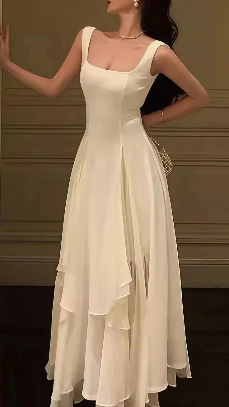Elegant A-Line Square Neck Sleeveless Ruffled Ivory Maxi Prom Dress