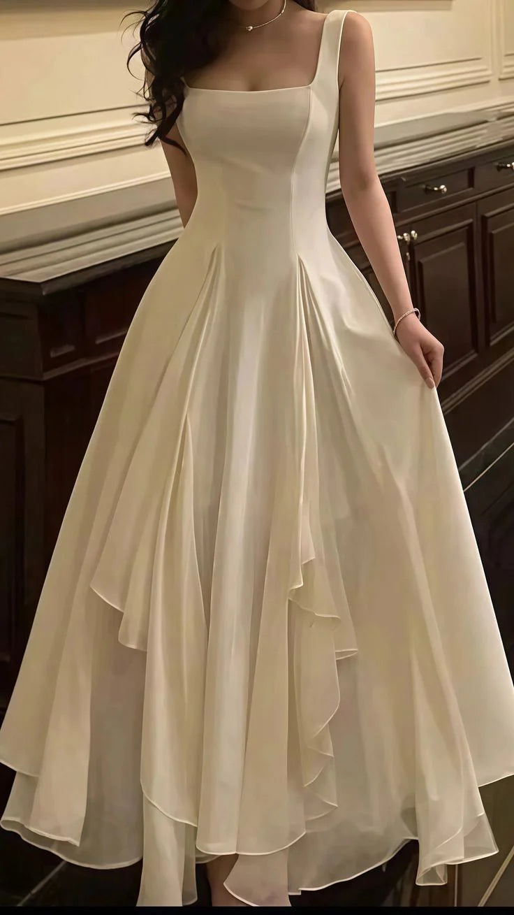 Elegant A-Line Square Neck Sleeveless Ruffled Ivory Maxi Prom Dress