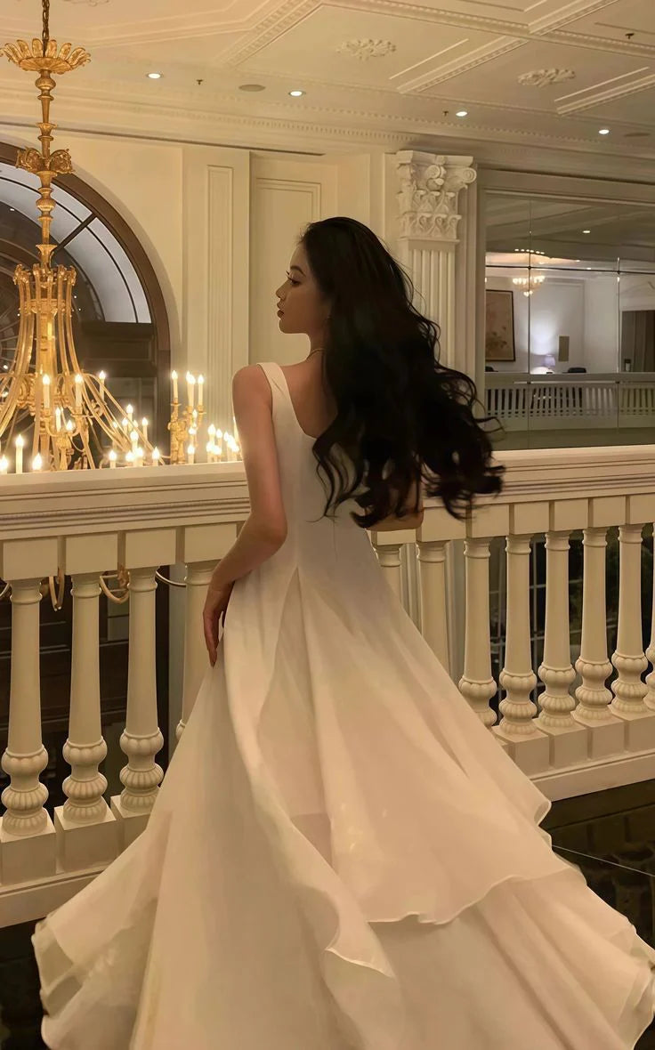 Elegant A-Line Square Neck Sleeveless Ruffled Ivory Maxi Prom Dress