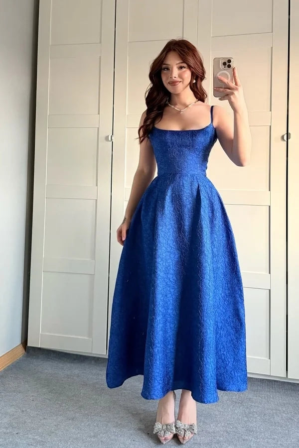 Elegant A-Line Square Neck Spaghetti Strap Royal Blue Midi Prom Dress