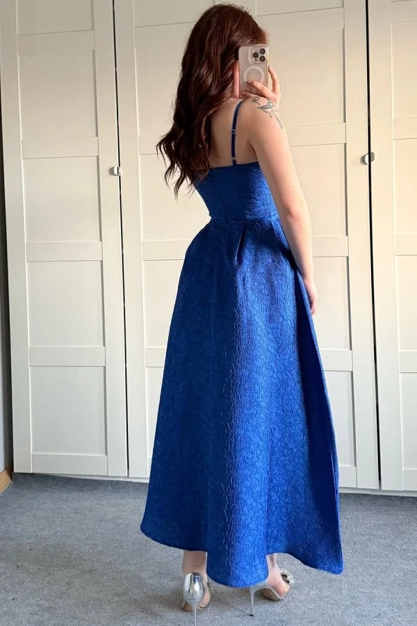Elegant A-Line Square Neck Spaghetti Strap Royal Blue Midi Prom Dress