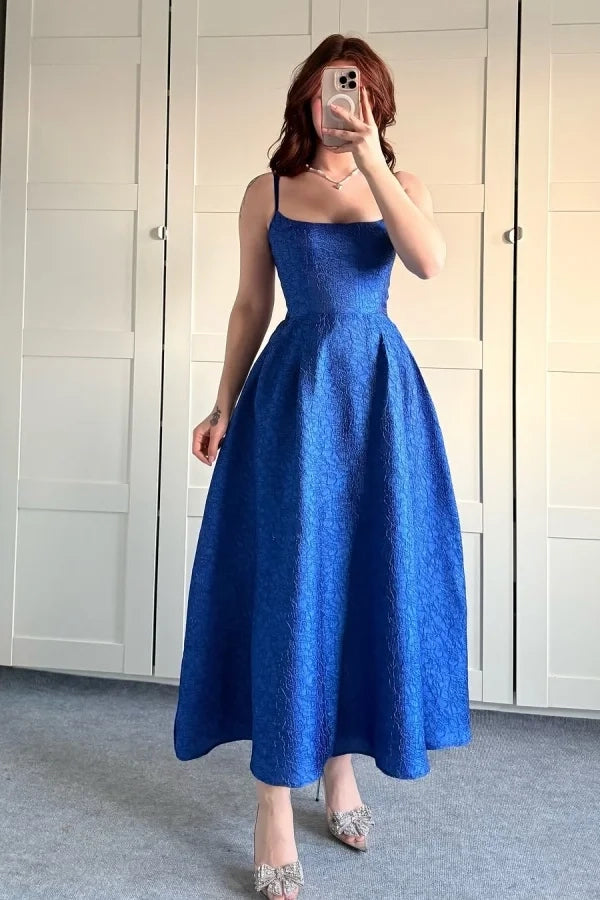 Elegant A-Line Square Neck Spaghetti Strap Royal Blue Midi Prom Dress