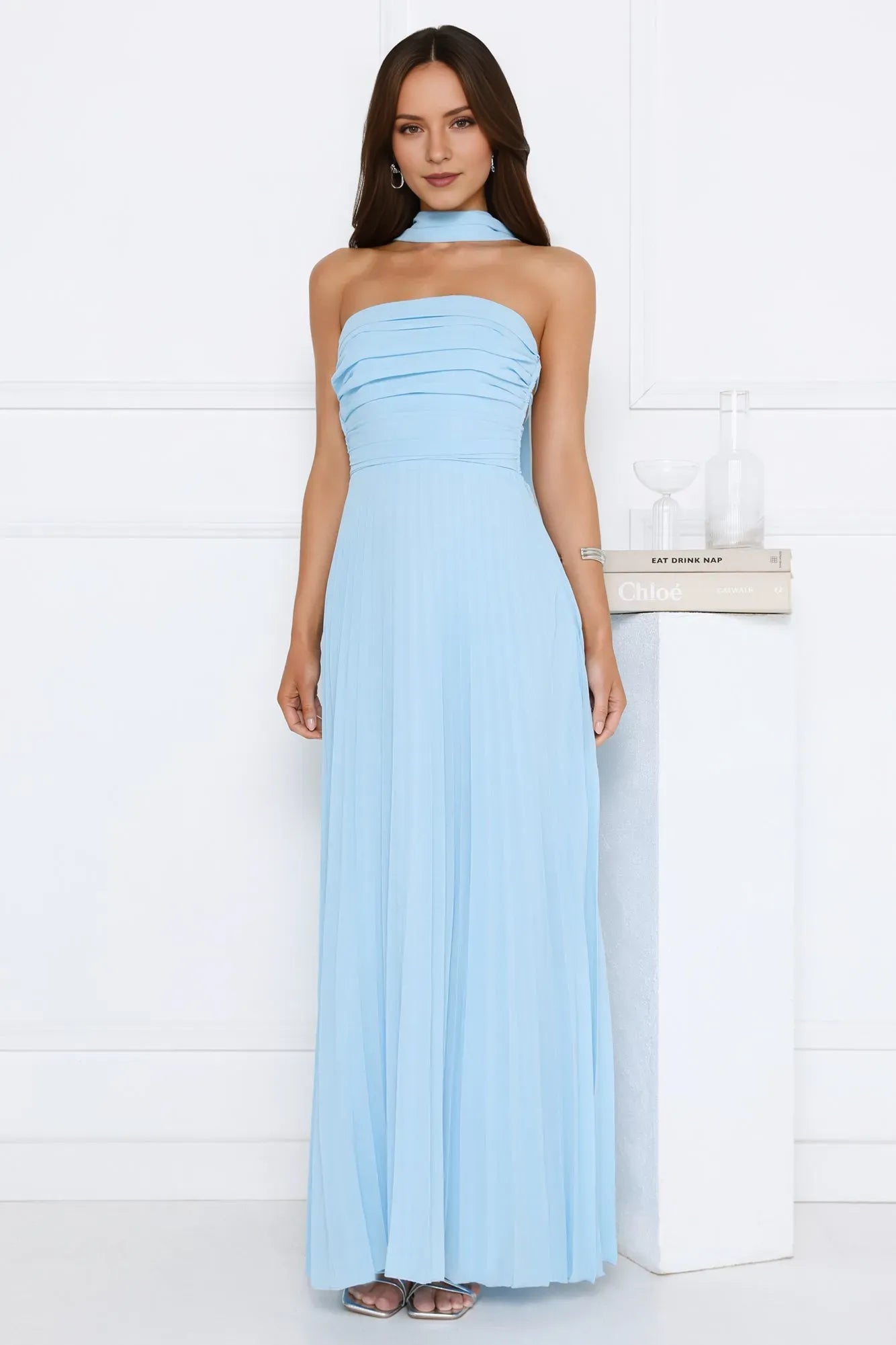 Elegant A-Line Straight Neck Sleeveless Lace-Up Back Floor-Length Pleated Chiffon Prom Dresses With Scarf