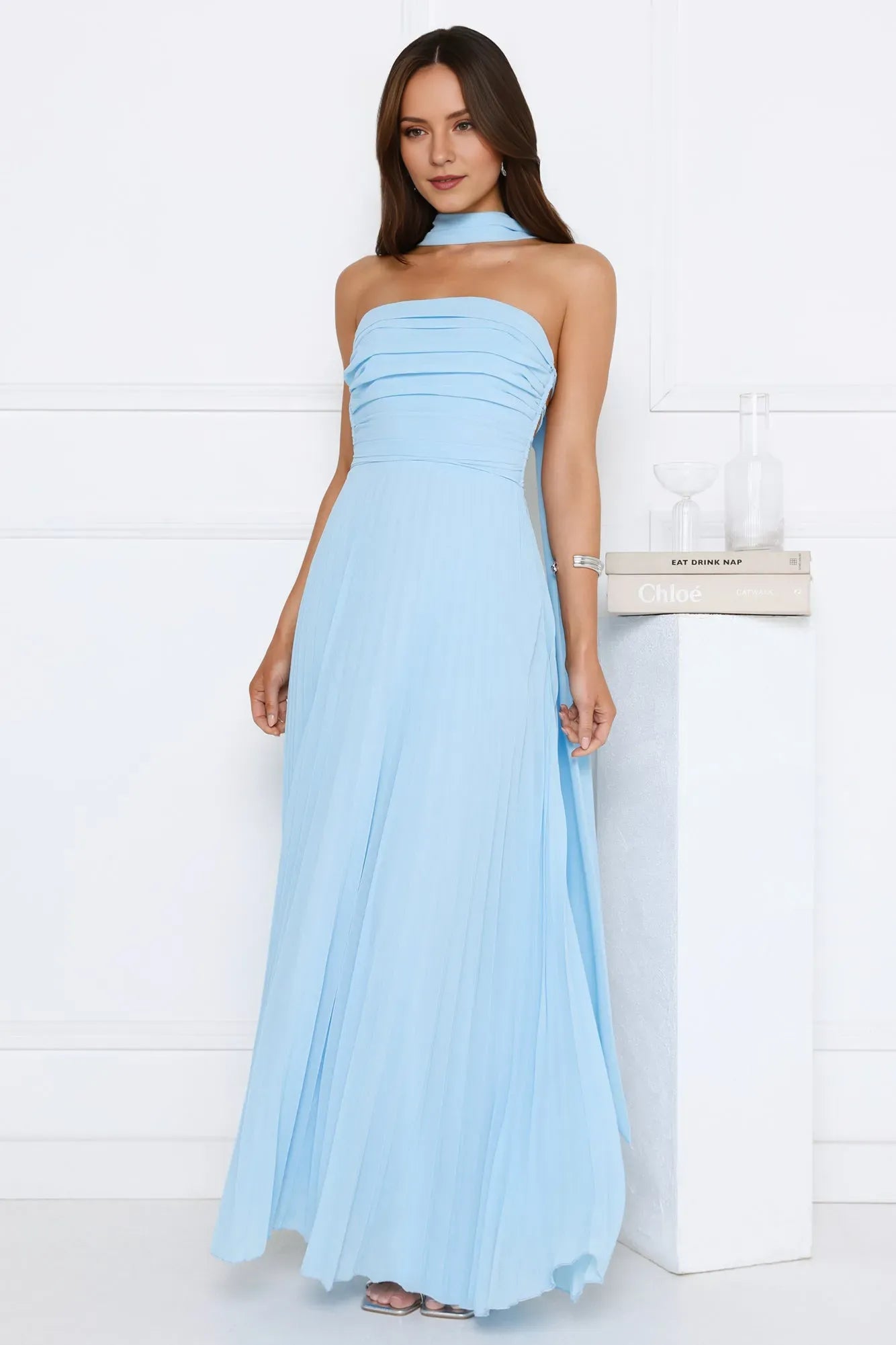 Elegant A-Line Straight Neck Sleeveless Lace-Up Back Floor-Length Pleated Chiffon Prom Dresses With Scarf