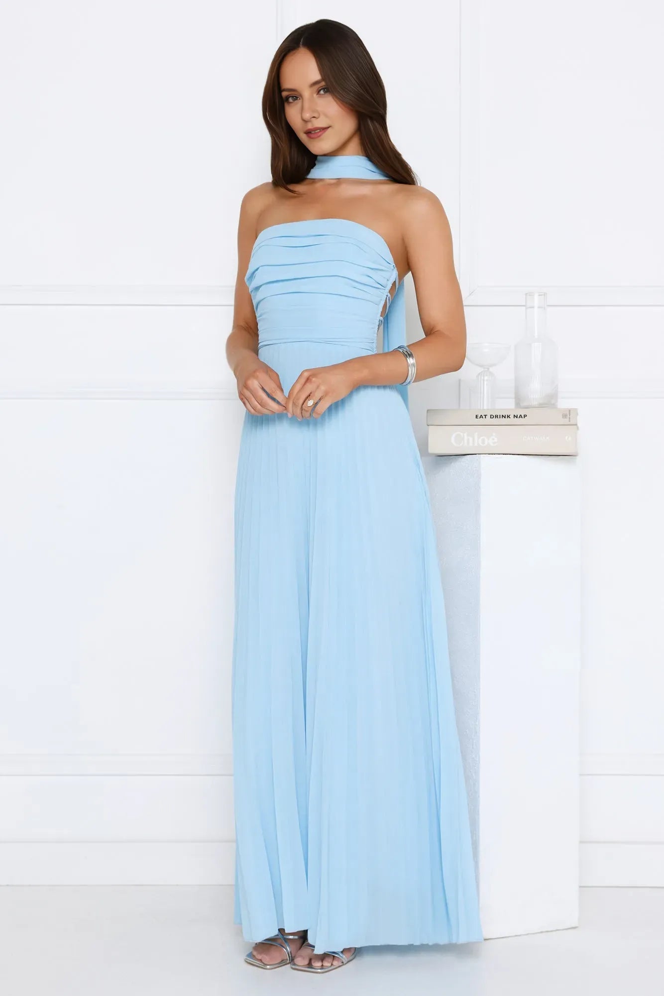 Elegant A-Line Straight Neck Sleeveless Lace-Up Back Floor-Length Pleated Chiffon Prom Dresses With Scarf