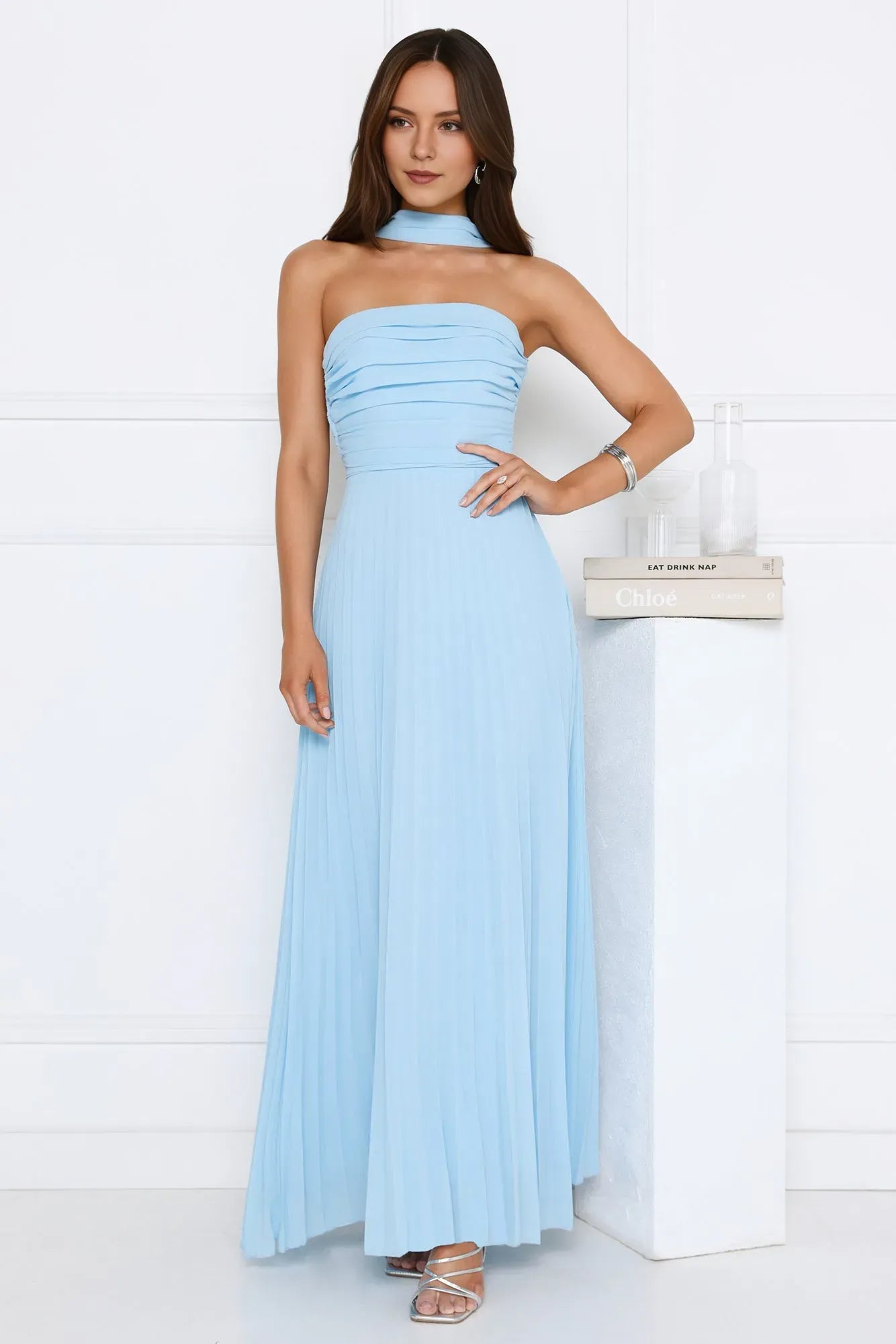 Elegant A-Line Straight Neck Sleeveless Lace-Up Back Floor-Length Pleated Chiffon Prom Dresses With Scarf