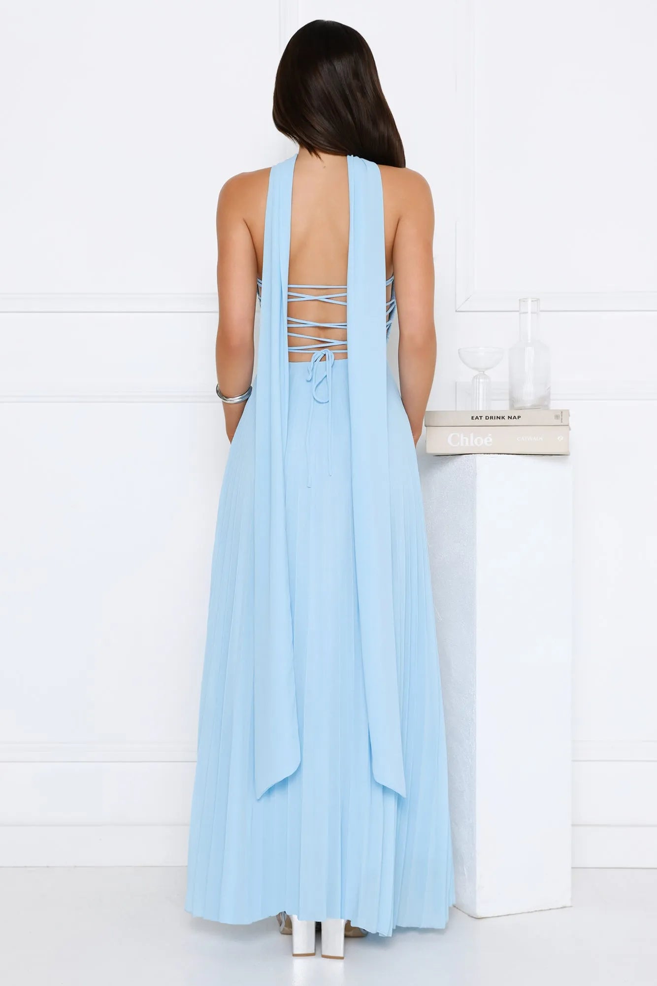 Elegant A-Line Straight Neck Sleeveless Lace-Up Back Floor-Length Pleated Chiffon Prom Dresses With Scarf