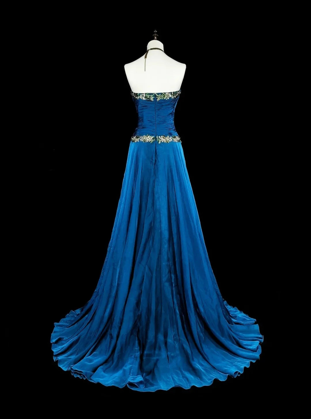 Elegant A-Line Strapless Beaded Royal Blue Maxi Prom Dress