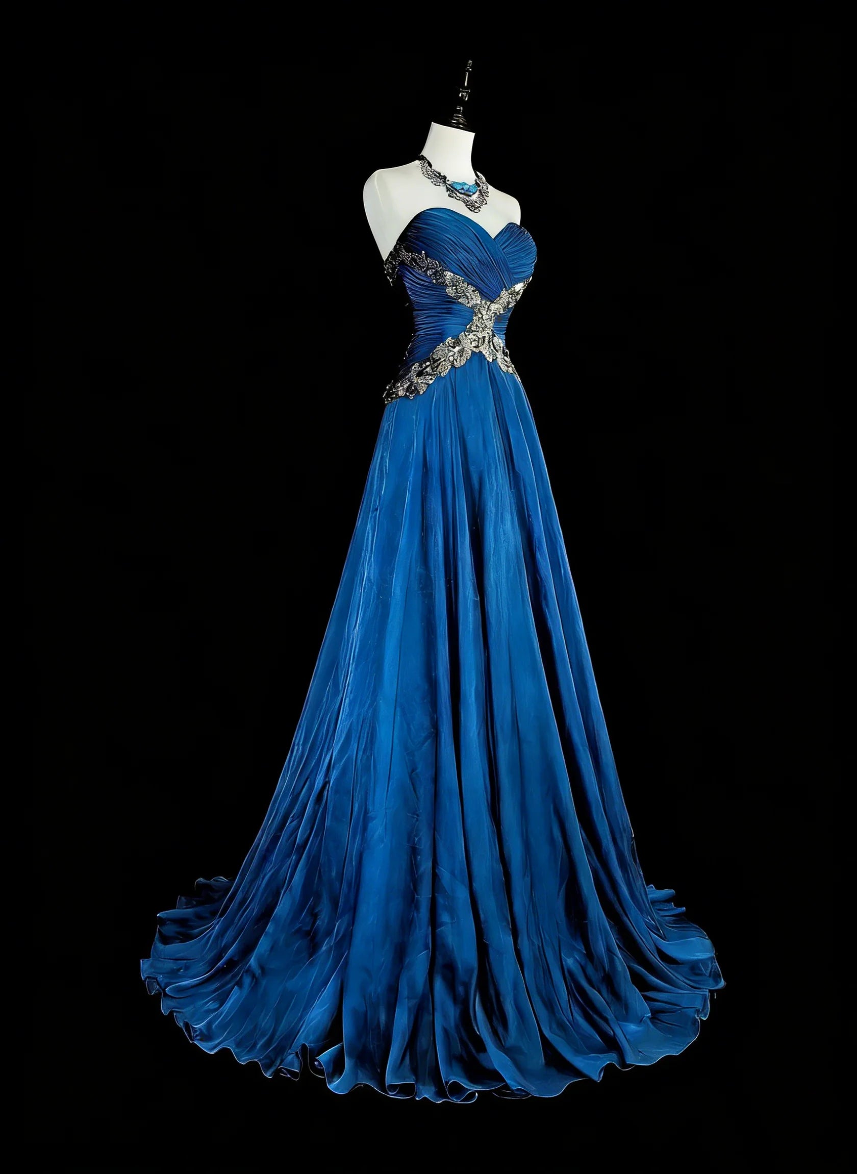 Elegant A-Line Strapless Beaded Royal Blue Maxi Prom Dress