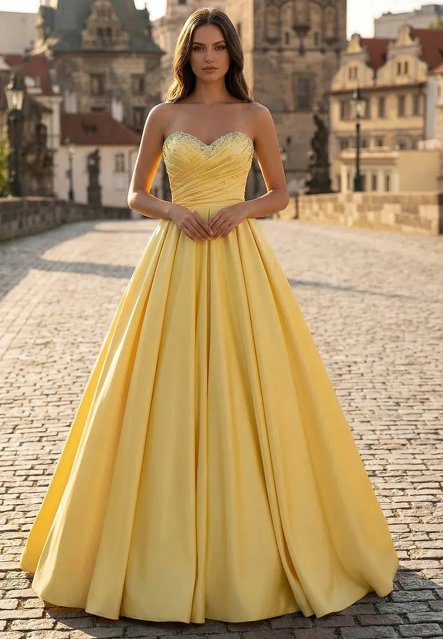 Elegant A-Line Strapless Beaded Satin Yellow Evening Dress Ready To Ship