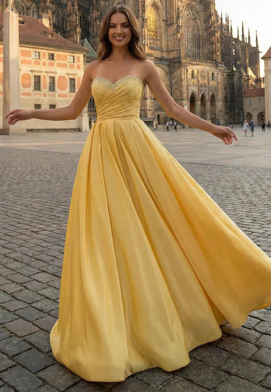 Elegant A-Line Strapless Beaded Satin Yellow Evening Dress Ready To Ship