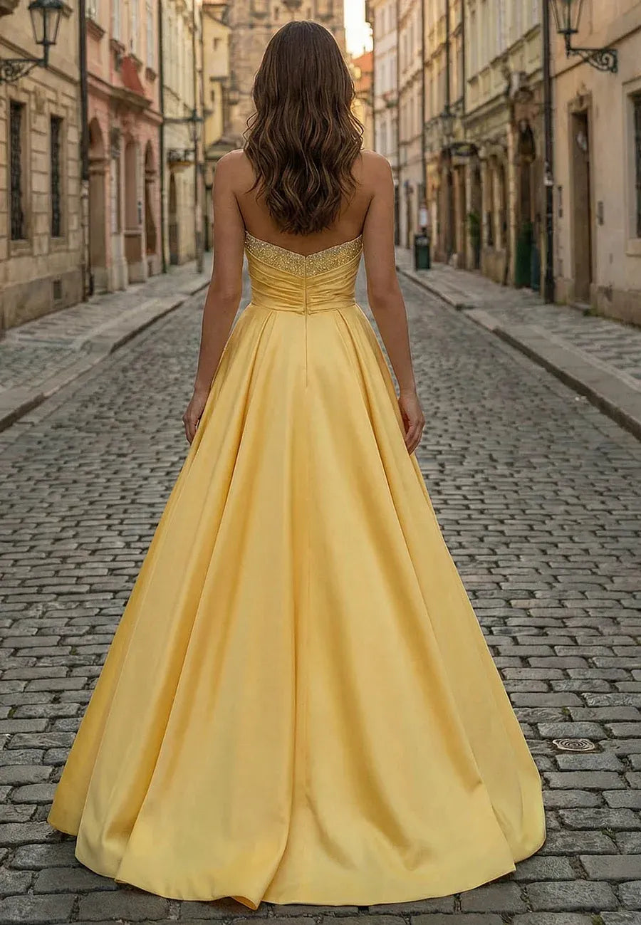 Elegant A-Line Strapless Beaded Satin Yellow Evening Dress Ready To Ship