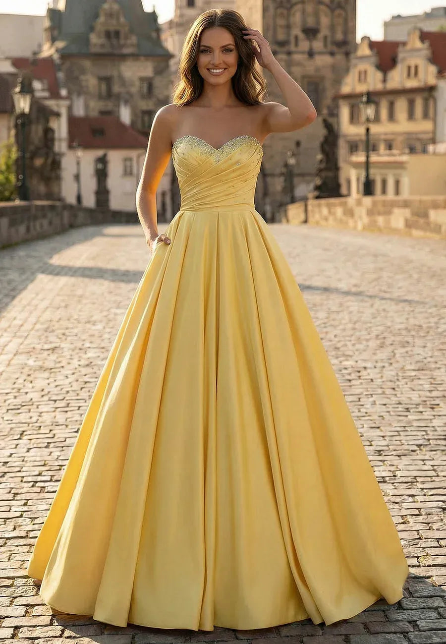 Elegant A-Line Strapless Beaded Satin Yellow Evening Dress Ready To Ship