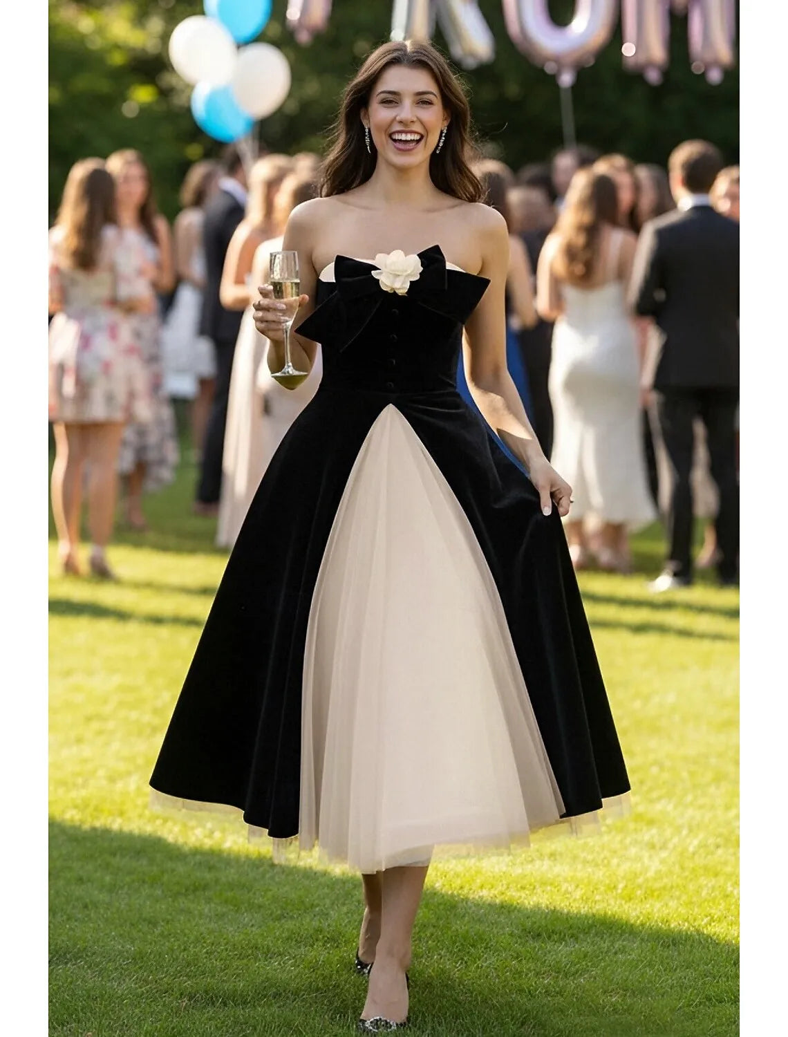 Elegant A-Line Strapless Bow Floral Black Champagne Tea Length Prom Dress For Sale