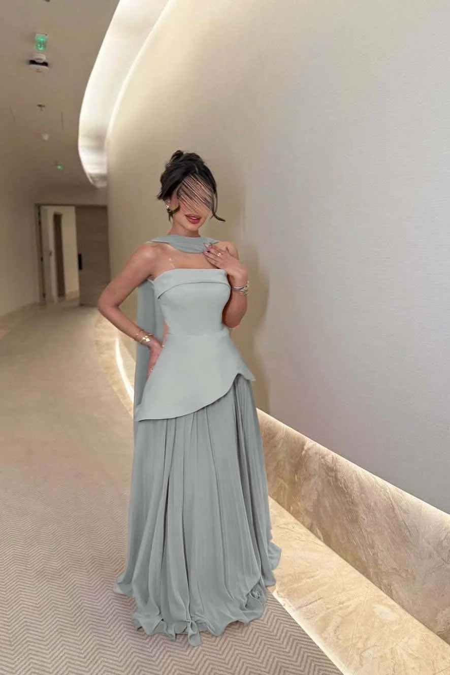 Elegant A-Line Strapless Draped Sage Floor-Length Prom Dress