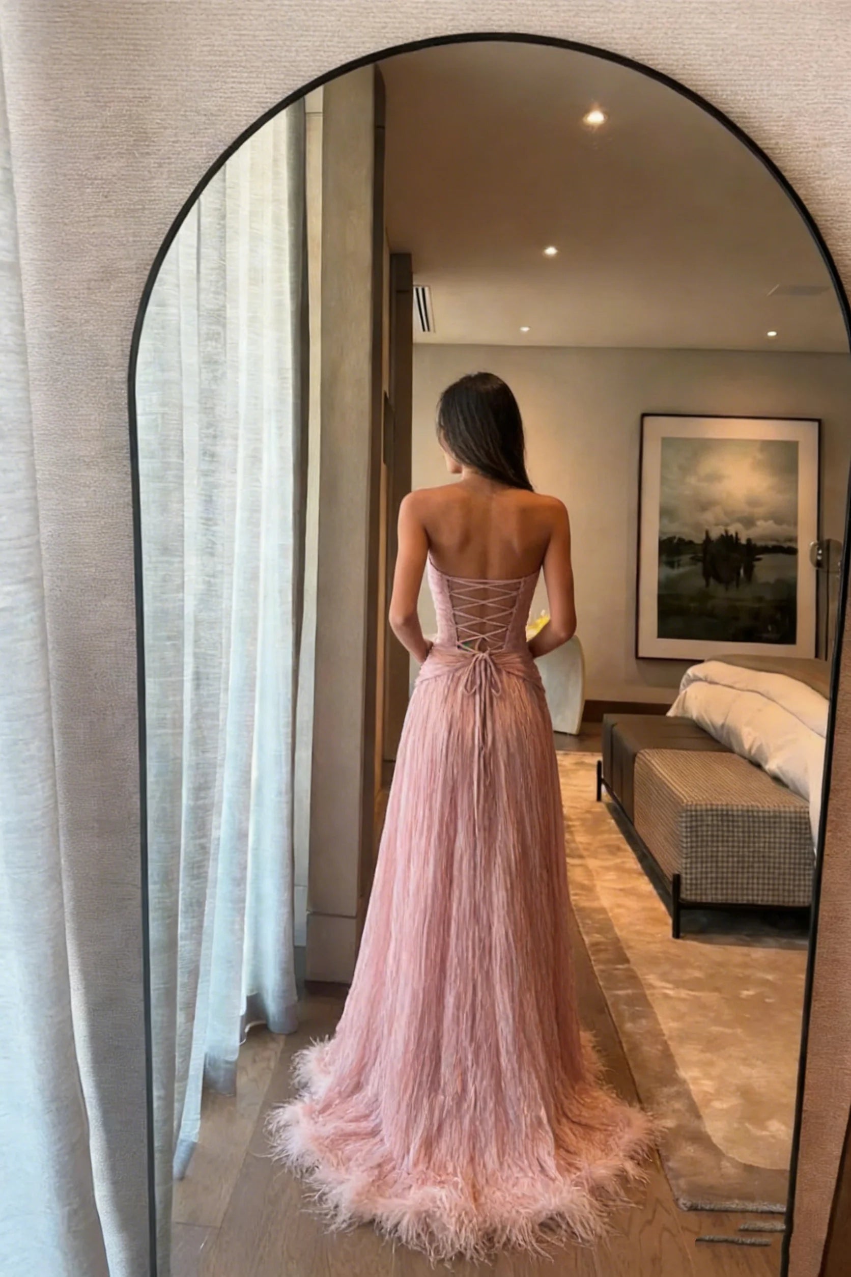 Elegant A-Line Strapless Feather Blush Pink Maxi Prom Dress