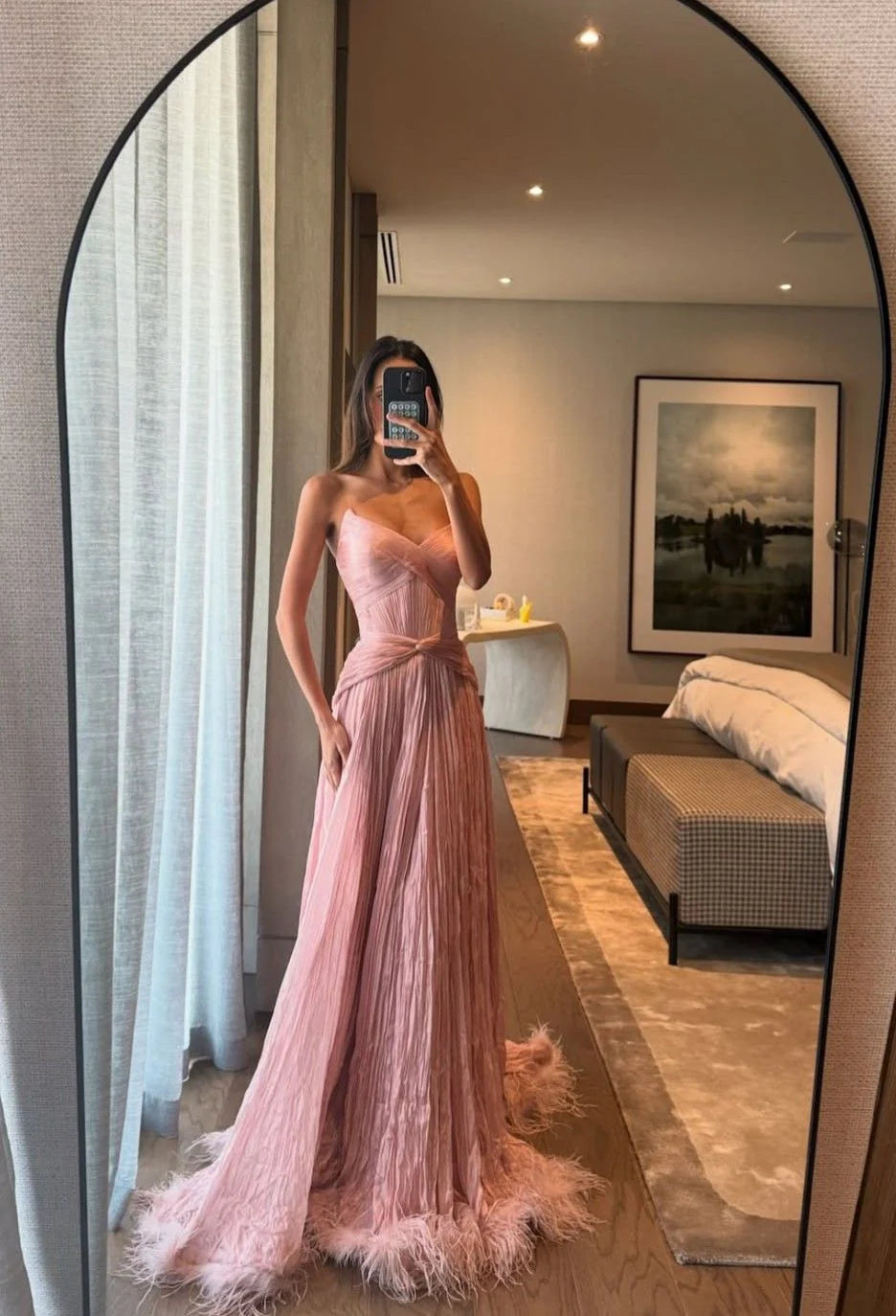 Elegant A-Line Strapless Feather Blush Pink Maxi Prom Dress