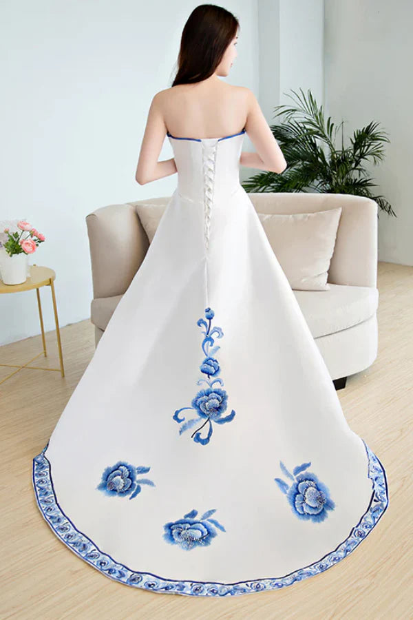 Elegant A-Line Strapless Floral-Embroidered White Blue Satin Prom Dresses