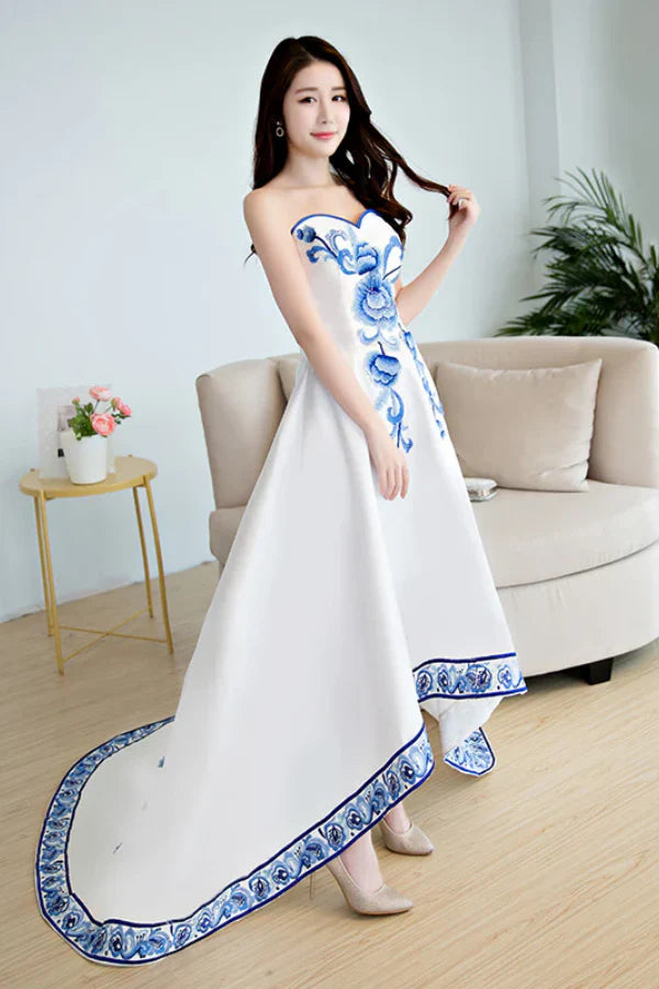 Elegant A-Line Strapless Floral-Embroidered White Blue Satin Prom Dresses