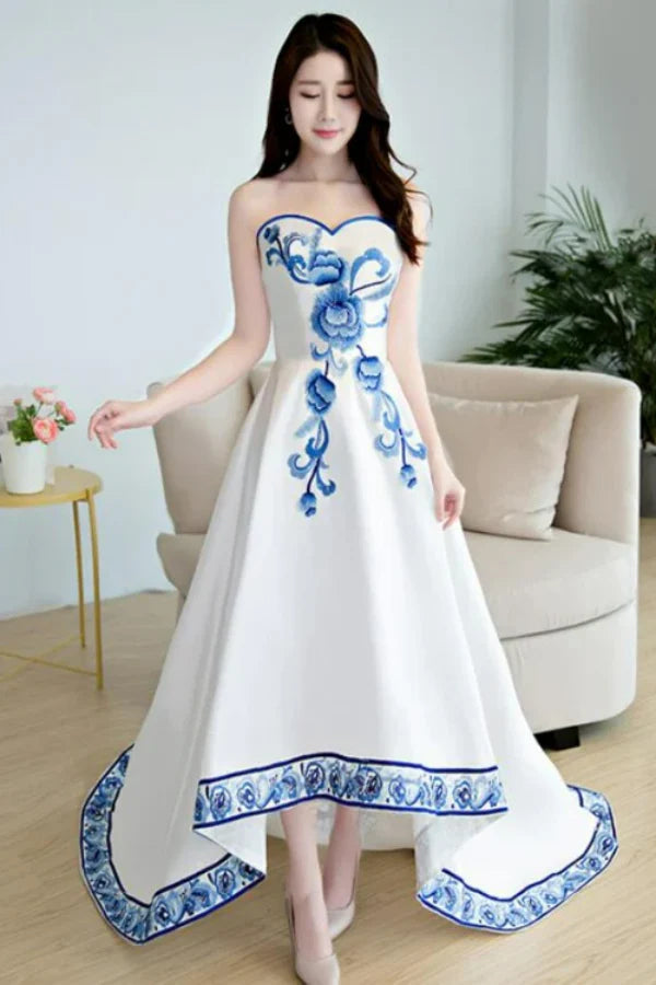 Elegant A-Line Strapless Floral-Embroidered White Blue Satin Prom Dresses