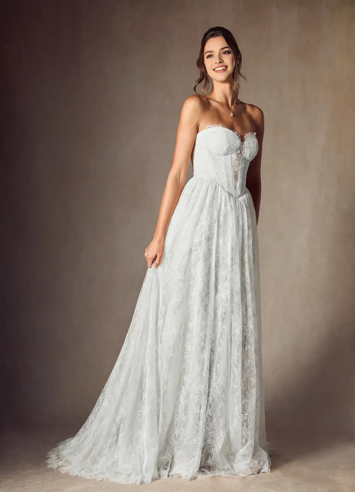 Elegant  A-Line Strapless Lace  Embroidered Wedding Dresses Strapless Sweetheart Neck Sheer Bodice Detailing Voluminous Skirt Train for Brides
