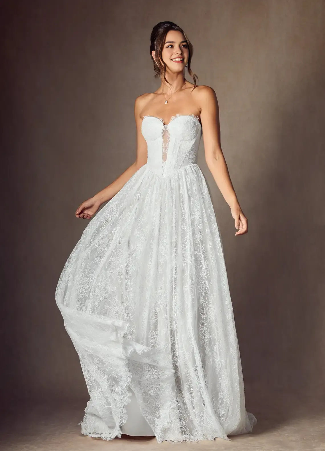 Elegant  A-Line Strapless Lace  Embroidered Wedding Dresses Strapless Sweetheart Neck Sheer Bodice Detailing Voluminous Skirt Train for Brides