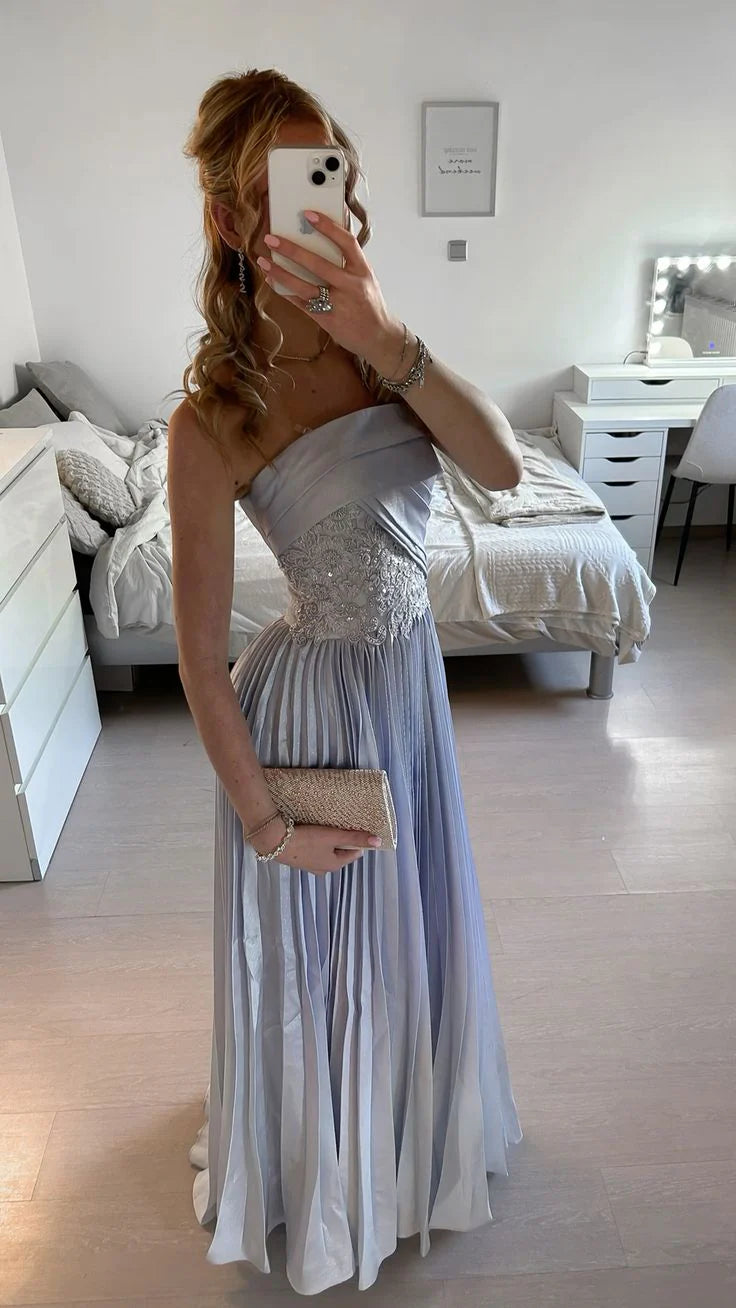 Elegant A-Line Strapless Lace Light Blue Maxi Prom Dress