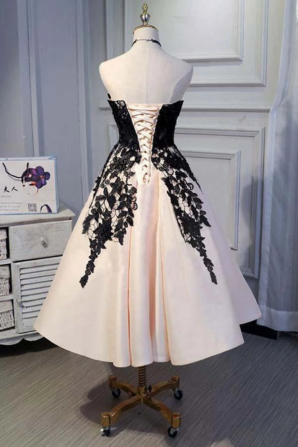 Elegant A-Line Strapless Lace Pink Black Tea-Length Party Dress