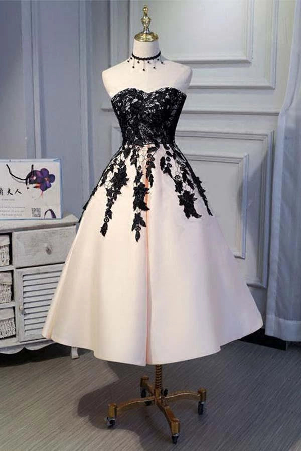 Elegant A-Line Strapless Lace Pink Black Tea-Length Party Dress