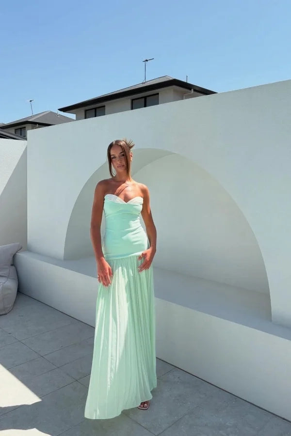 Elegant A-Line Strapless Pleated Mint Floor-Length Prom Dress