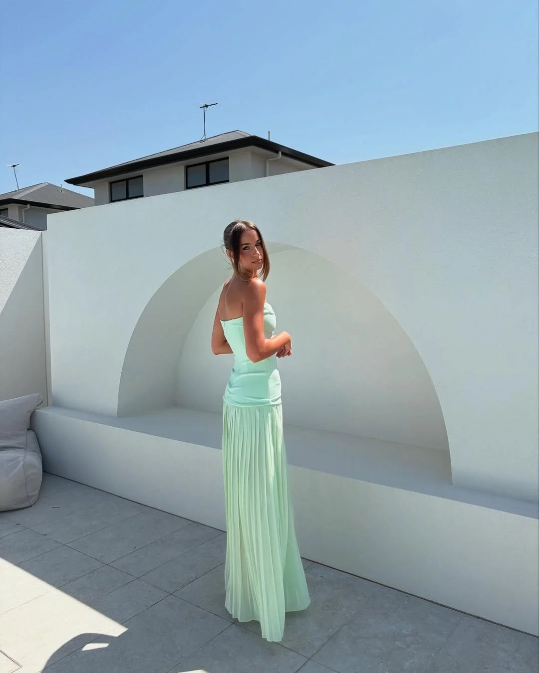 Elegant A-Line Strapless Pleated Mint Floor-Length Prom Dress
