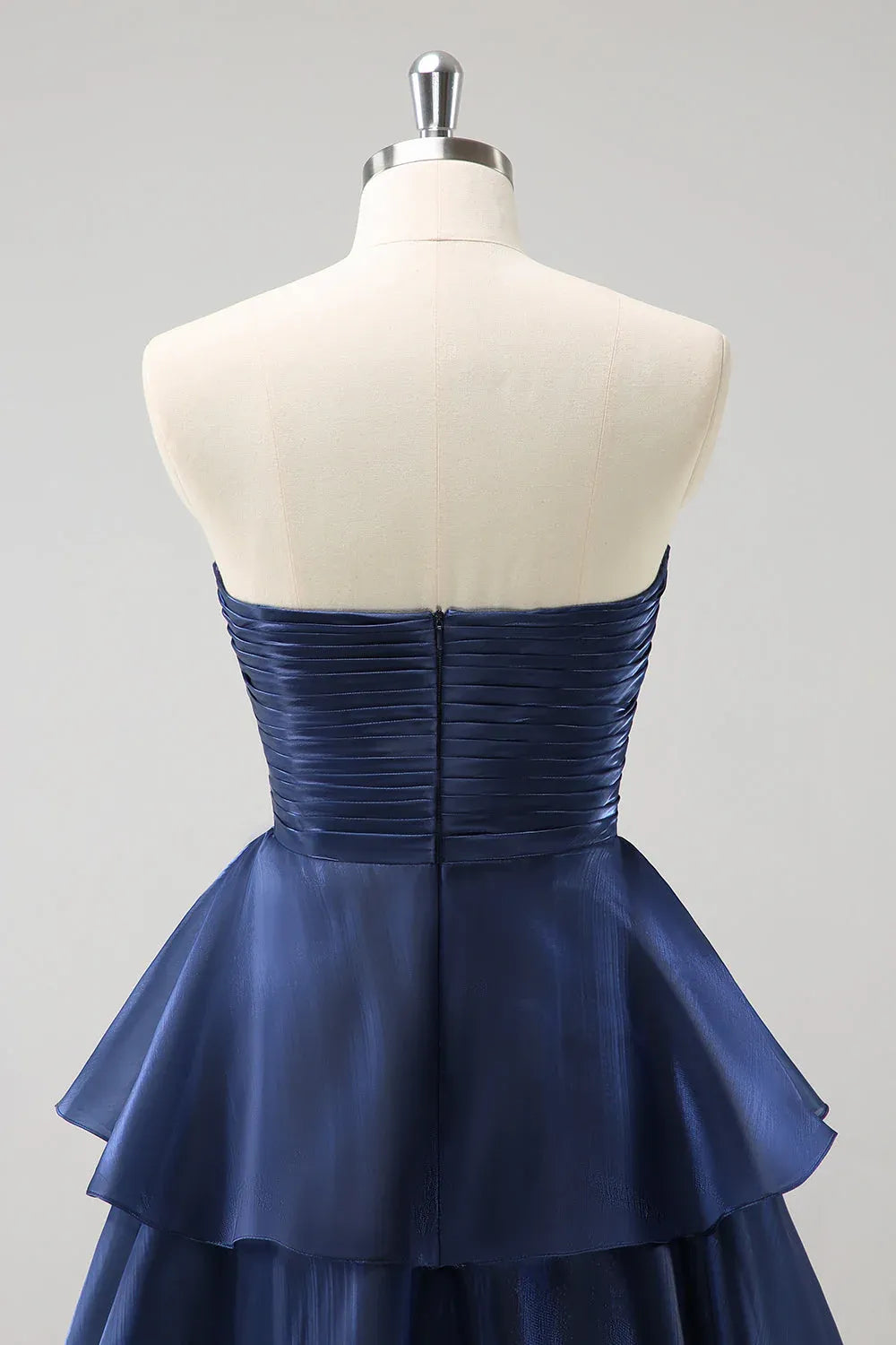 Elegant A-Line Strapless Ruched Tiered Ruffle Dark Navy Floor Length Prom Dress